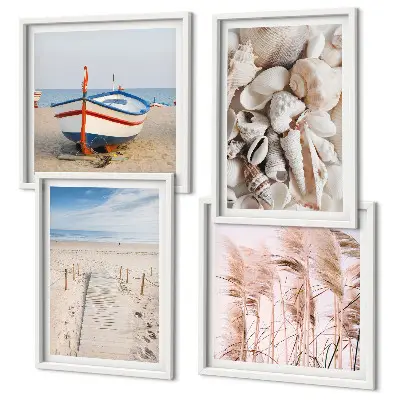 Polyptychon mit Rahmen mit Strand, Boot, Muscheln und Gras in Boho-Optik
