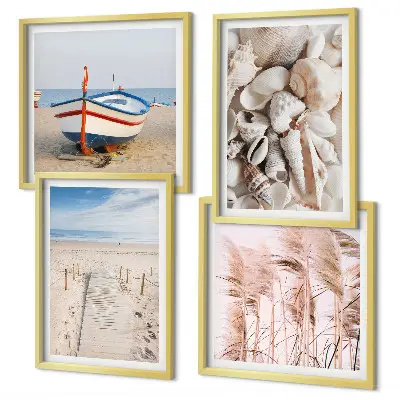 Polyptychon mit Rahmen mit Strand, Boot, Muscheln und Gras in Boho-Optik