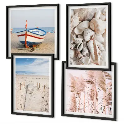 Polyptychon mit Rahmen mit Strand, Boot, Muscheln und Gras in Boho-Optik