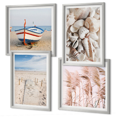 Polyptychon mit rahmen Strand, Boot, Muscheln, Gras, Boho-Stil