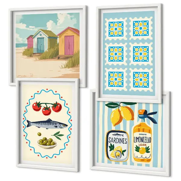 Illustrationen der mediterranen Küche als gerahmtes Polyptychon