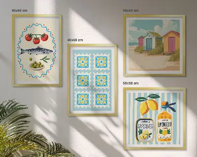Illustrationen der mediterranen Küche als gerahmtes Polyptychon