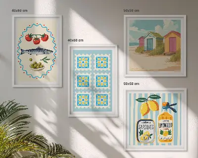 Illustrationen der mediterranen Küche als gerahmtes Polyptychon