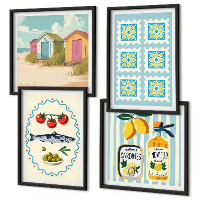 Illustrationen der mediterranen Küche als gerahmtes Polyptychon