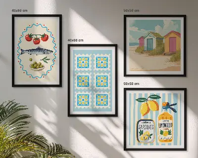 Illustrationen der mediterranen Küche als gerahmtes Polyptychon