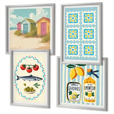 Illustrationen der mediterranen Küche als gerahmtes Polyptychon