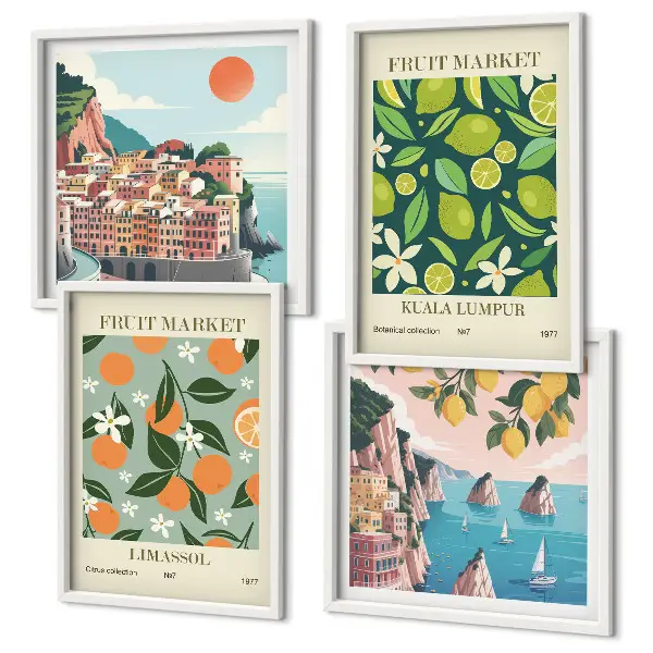 Vintage-Poster mit Fruchtmuster als gerahmtes Polyptychon