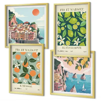 Vintage-Poster mit Fruchtmuster als gerahmtes Polyptychon
