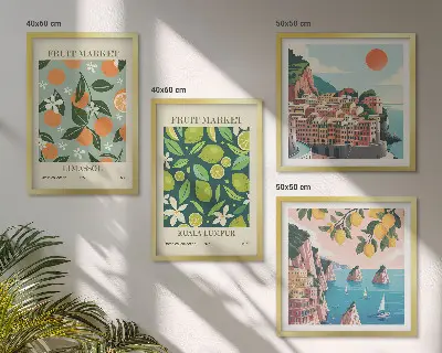 Vintage-Poster mit Fruchtmuster als gerahmtes Polyptychon