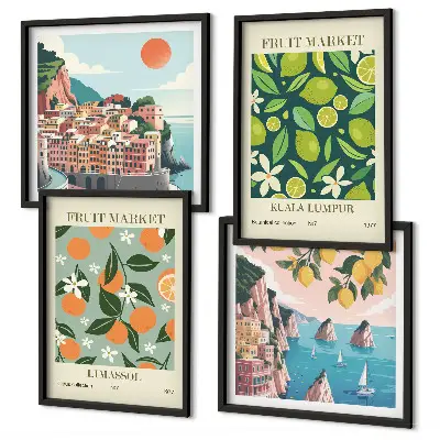 Vintage-Poster mit Fruchtmuster als gerahmtes Polyptychon