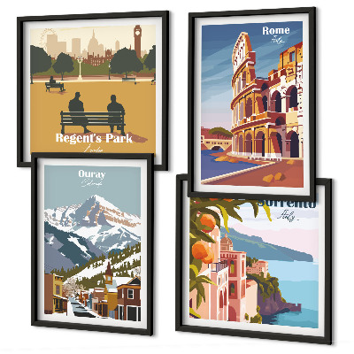 Wanddeko-set Retro-Illustrationen berühmter Orte