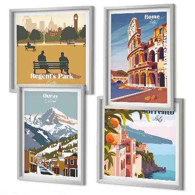 Wanddeko-set Retro-Illustrationen berühmter Orte