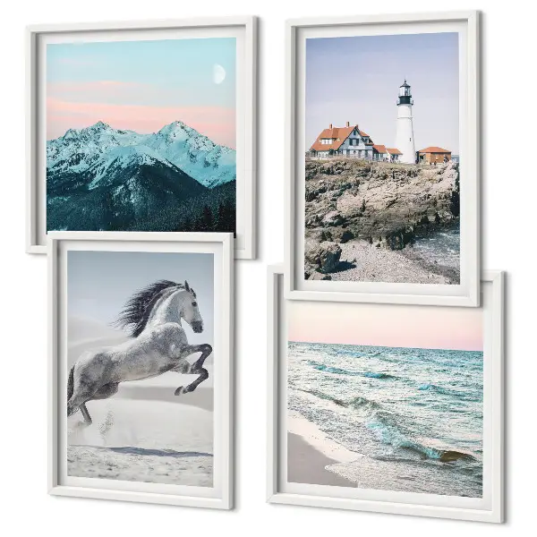 Wanddeko-Set mit Motiven von Pferden in Bewegung, Strand, Leuchtturm und Bergen