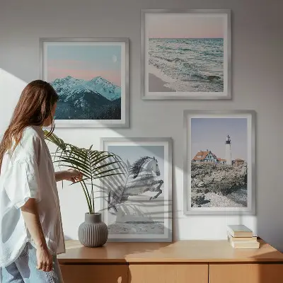 Wanddeko-Set mit Motiven von Pferden in Bewegung, Strand, Leuchtturm und Bergen