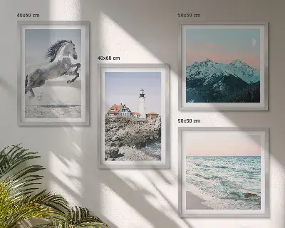 Wanddeko-Set mit Motiven von Pferden in Bewegung, Strand, Leuchtturm und Bergen