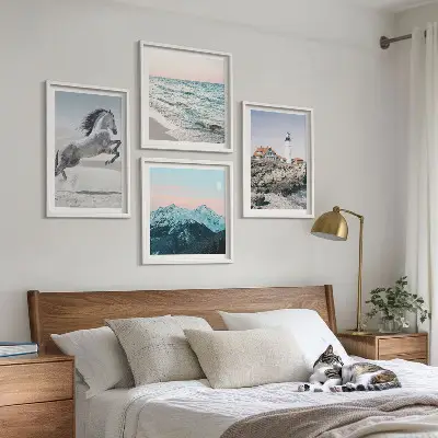 Wanddeko-Set mit Motiven von Pferden in Bewegung, Strand, Leuchtturm und Bergen