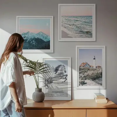 Wanddeko-Set mit Motiven von Pferden in Bewegung, Strand, Leuchtturm und Bergen