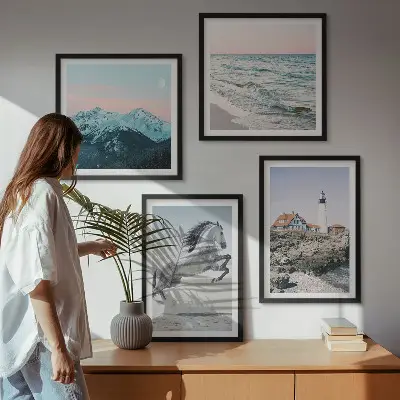 Wanddeko-Set mit Motiven von Pferden in Bewegung, Strand, Leuchtturm und Bergen