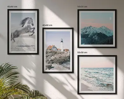 Wanddeko-Set mit Motiven von Pferden in Bewegung, Strand, Leuchtturm und Bergen