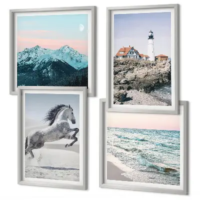 Wanddeko-Set mit Motiven von Pferden in Bewegung, Strand, Leuchtturm und Bergen