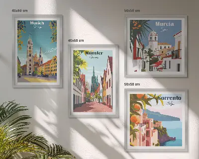Europäische Städte in farbigen Illustrationen als gerahmtes Polyptychon