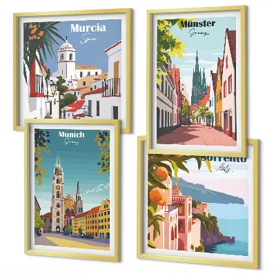 Europäische Städte in farbigen Illustrationen als gerahmtes Polyptychon