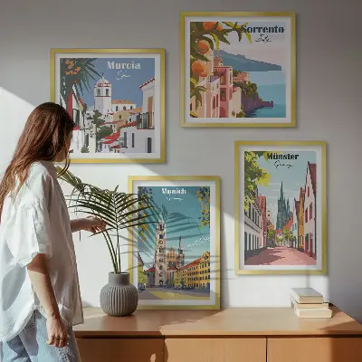 Europäische Städte in farbigen Illustrationen als gerahmtes Polyptychon