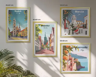 Europäische Städte in farbigen Illustrationen als gerahmtes Polyptychon
