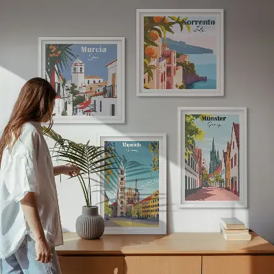 Europäische Städte in farbigen Illustrationen als gerahmtes Polyptychon