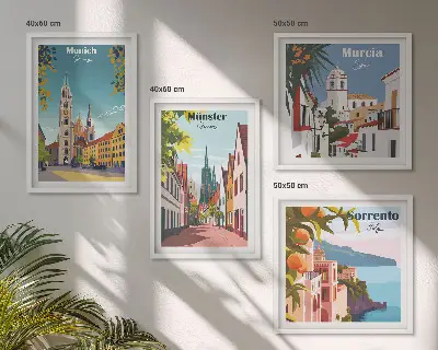 Europäische Städte in farbigen Illustrationen als gerahmtes Polyptychon