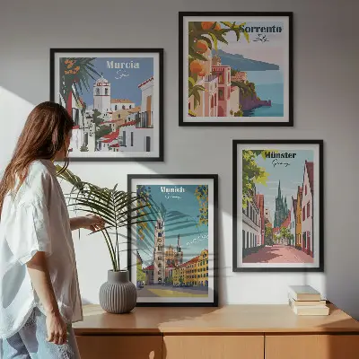 Europäische Städte in farbigen Illustrationen als gerahmtes Polyptychon
