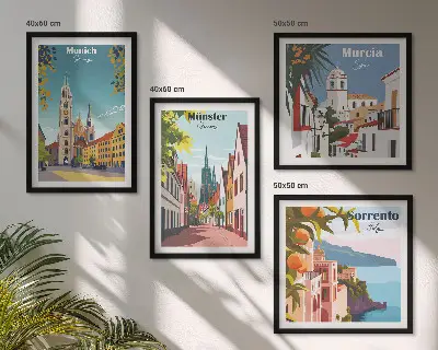 Europäische Städte in farbigen Illustrationen als gerahmtes Polyptychon
