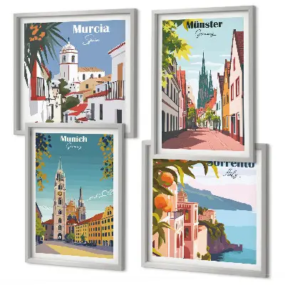 Europäische Städte in farbigen Illustrationen als gerahmtes Polyptychon