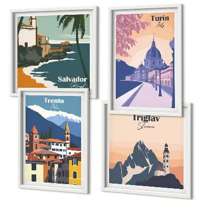 Illustrationen zur Retro-Architektur der Berge als gerahmtes Polyptychon