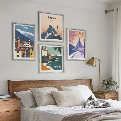 Illustrationen zur Retro-Architektur der Berge als gerahmtes Polyptychon