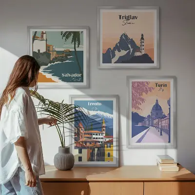 Illustrationen zur Retro-Architektur der Berge als gerahmtes Polyptychon
