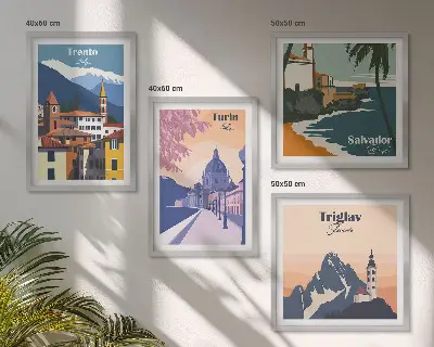 Illustrationen zur Retro-Architektur der Berge als gerahmtes Polyptychon