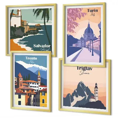 Illustrationen zur Retro-Architektur der Berge als gerahmtes Polyptychon