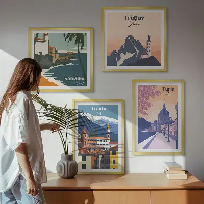 Illustrationen zur Retro-Architektur der Berge als gerahmtes Polyptychon
