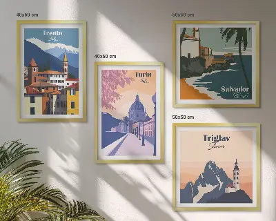 Illustrationen zur Retro-Architektur der Berge als gerahmtes Polyptychon