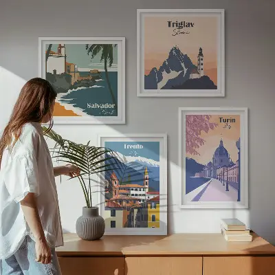 Illustrationen zur Retro-Architektur der Berge als gerahmtes Polyptychon