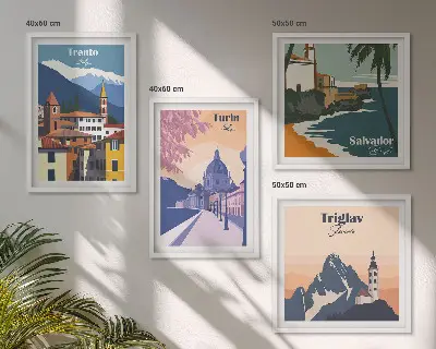 Illustrationen zur Retro-Architektur der Berge als gerahmtes Polyptychon