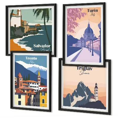 Illustrationen zur Retro-Architektur der Berge als gerahmtes Polyptychon
