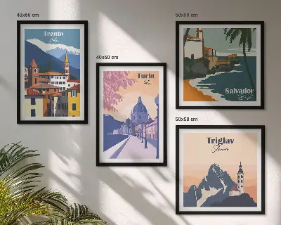Illustrationen zur Retro-Architektur der Berge als gerahmtes Polyptychon