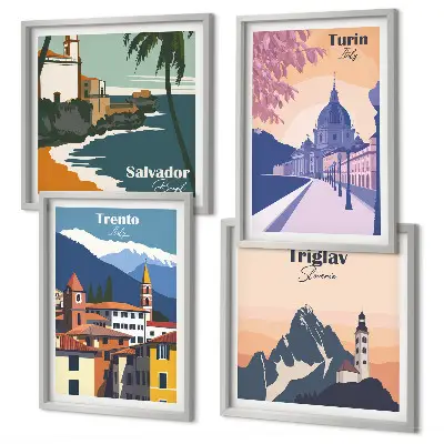 Illustrationen zur Retro-Architektur der Berge als gerahmtes Polyptychon