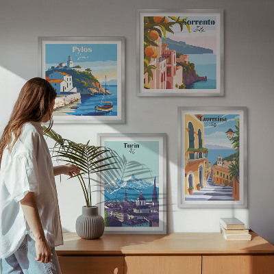 Polyptychon mit rahmen Farbenfrohe Illustrationen von Retro-Städten