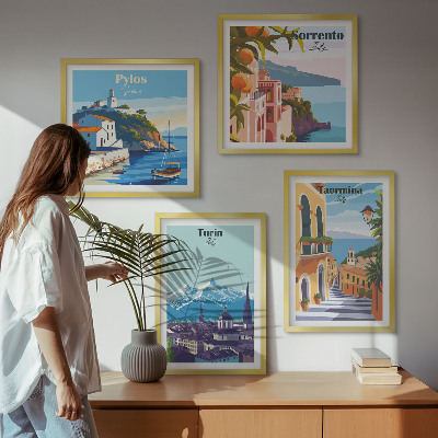 Polyptychon mit rahmen Farbenfrohe Illustrationen von Retro-Städten