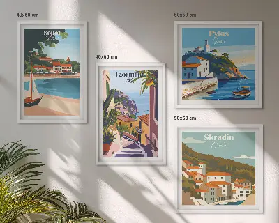Illustrationen von Küstenstädten als Polyptychon mit Rahmen