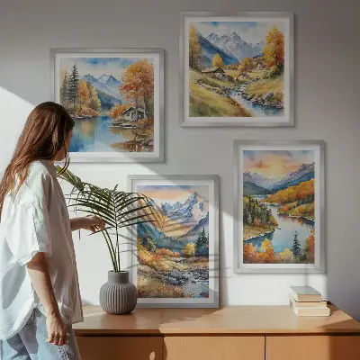 Berglandschaft mit Fluss als gerahmtes Polyptychon
