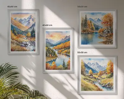 Berglandschaft mit Fluss als gerahmtes Polyptychon